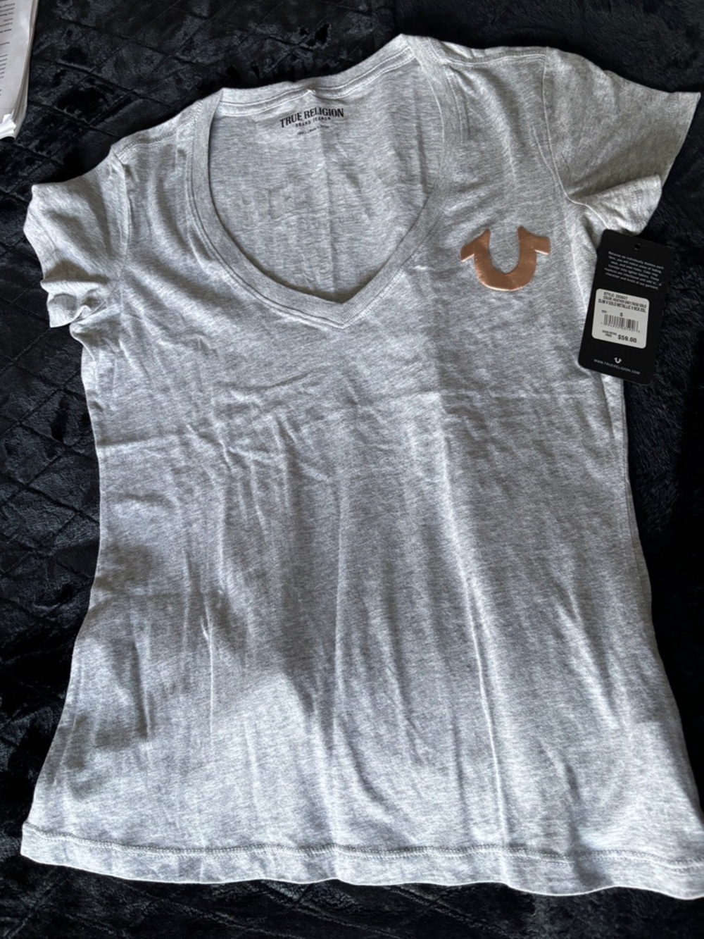 True Religion Light Gray V-Neck Tee with Metallic Logo